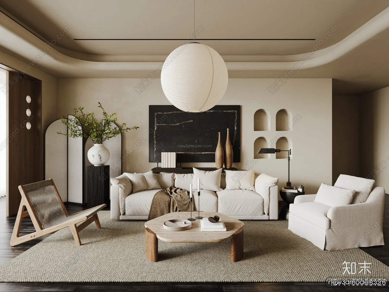Living Room 3D Interior Scene Model - Wabi Sabi Style - 256