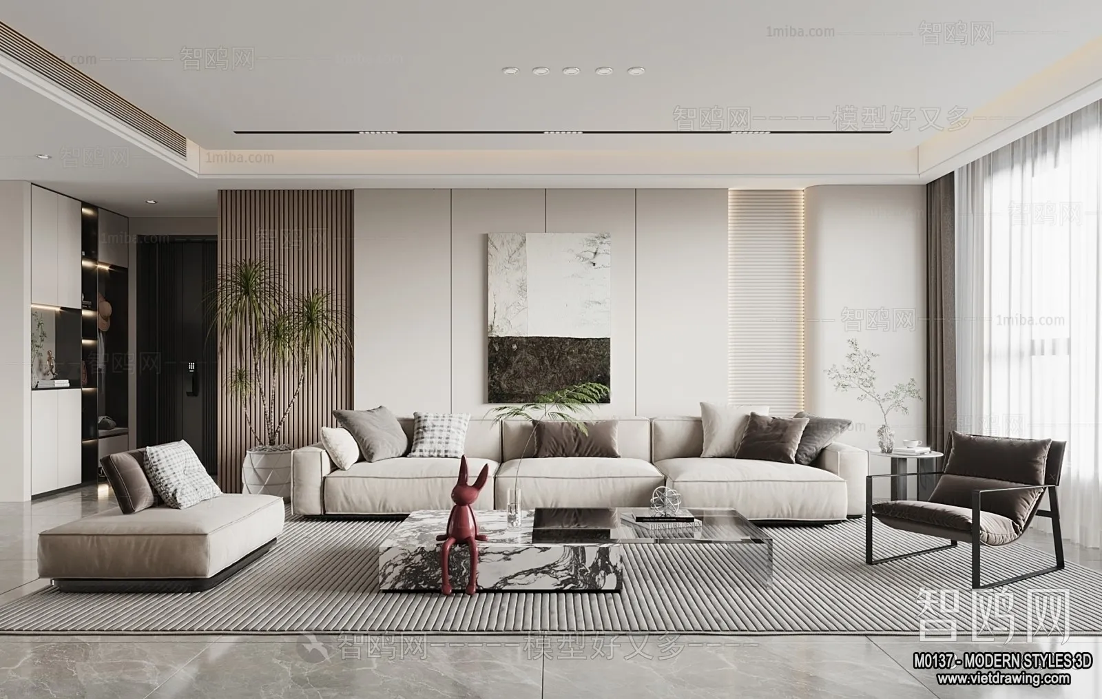 Living Room and Dining Room - 3D Interior Scene - 3D Models - 001