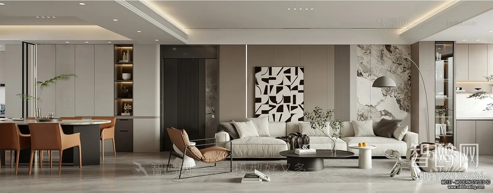 Living Room and Dining Room - 3D Interior Scene - 3D Models - 002