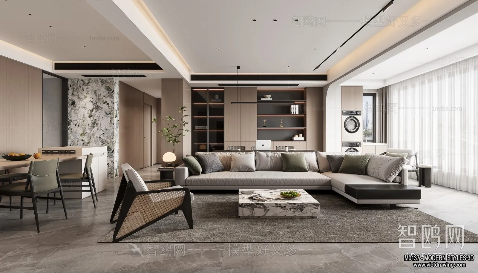 Living Room and Dining Room - 3D Interior Scene - 3D Models - 006