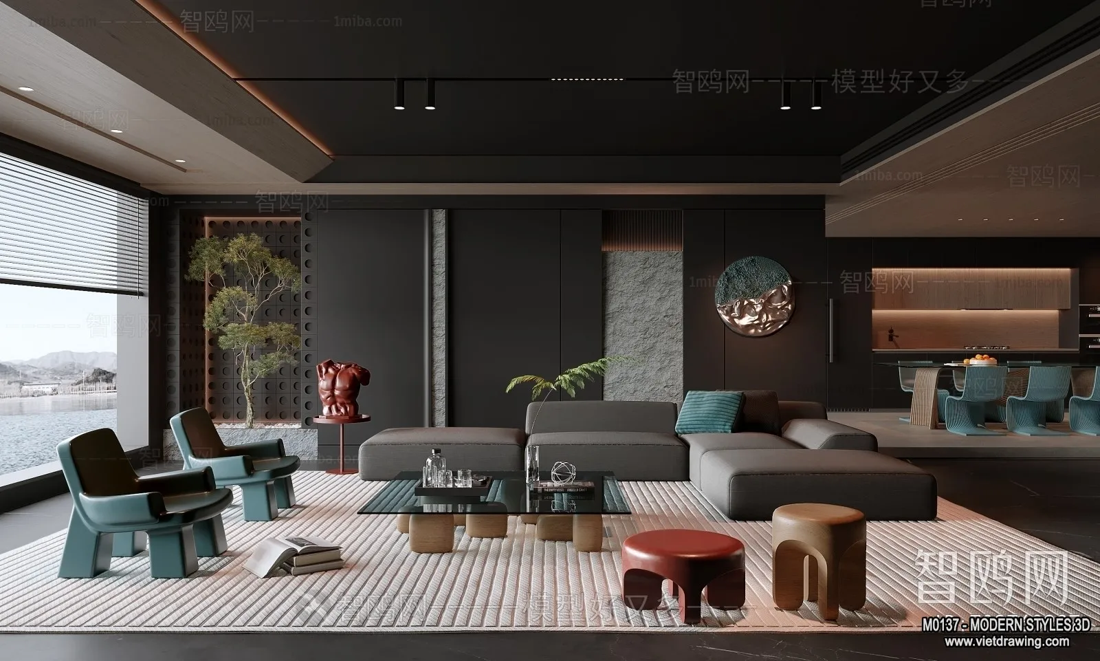 Living Room and Dining Room - 3D Interior Scene - 3D Models - 009