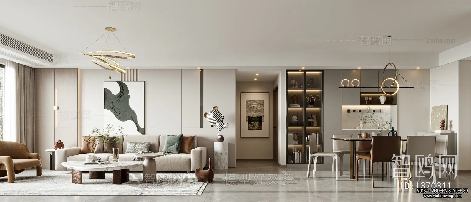 Living Room and Dining Room - 3D Interior Scene - 3D Models - 029