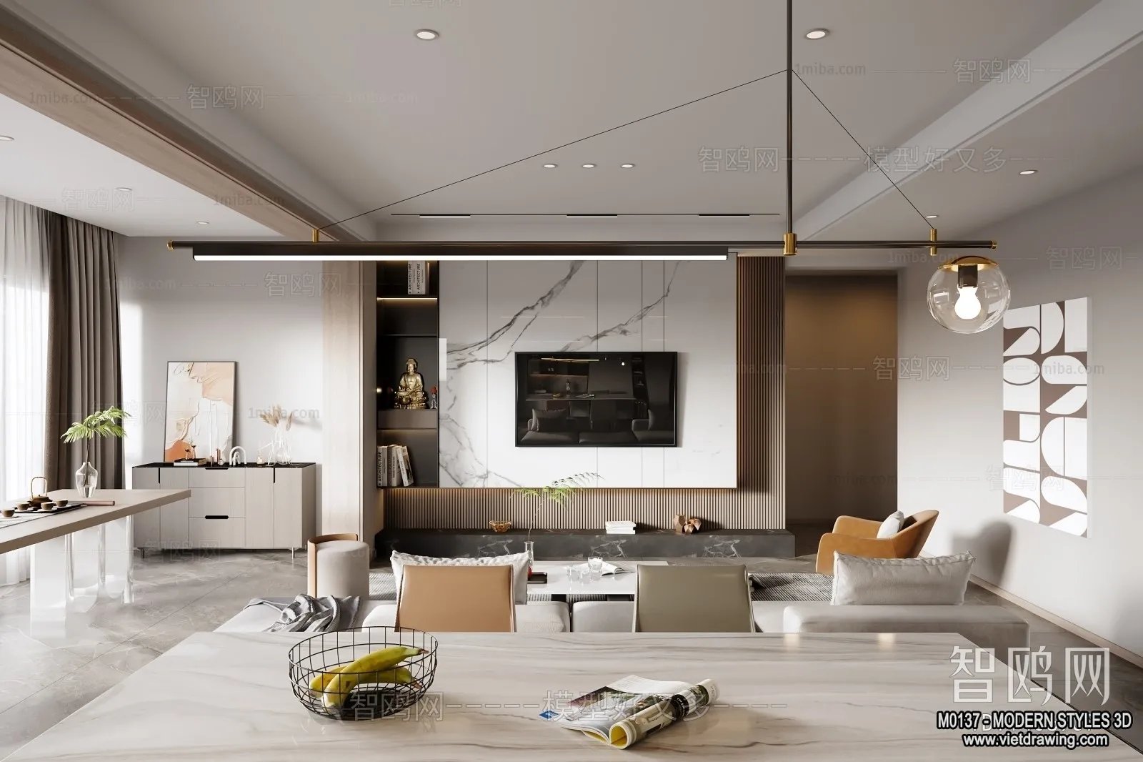 Living Room and Dining Room - 3D Interior Scene - 3D Models - 034