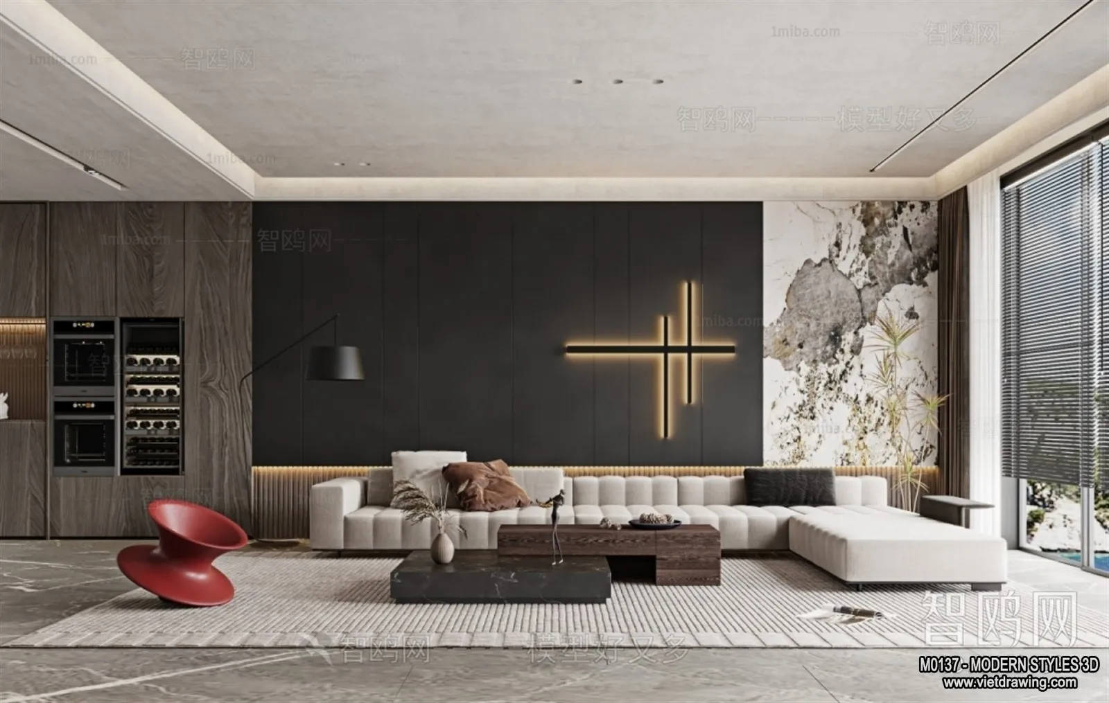 Living Room and Dining Room - 3D Interior Scene - 3D Models - 036