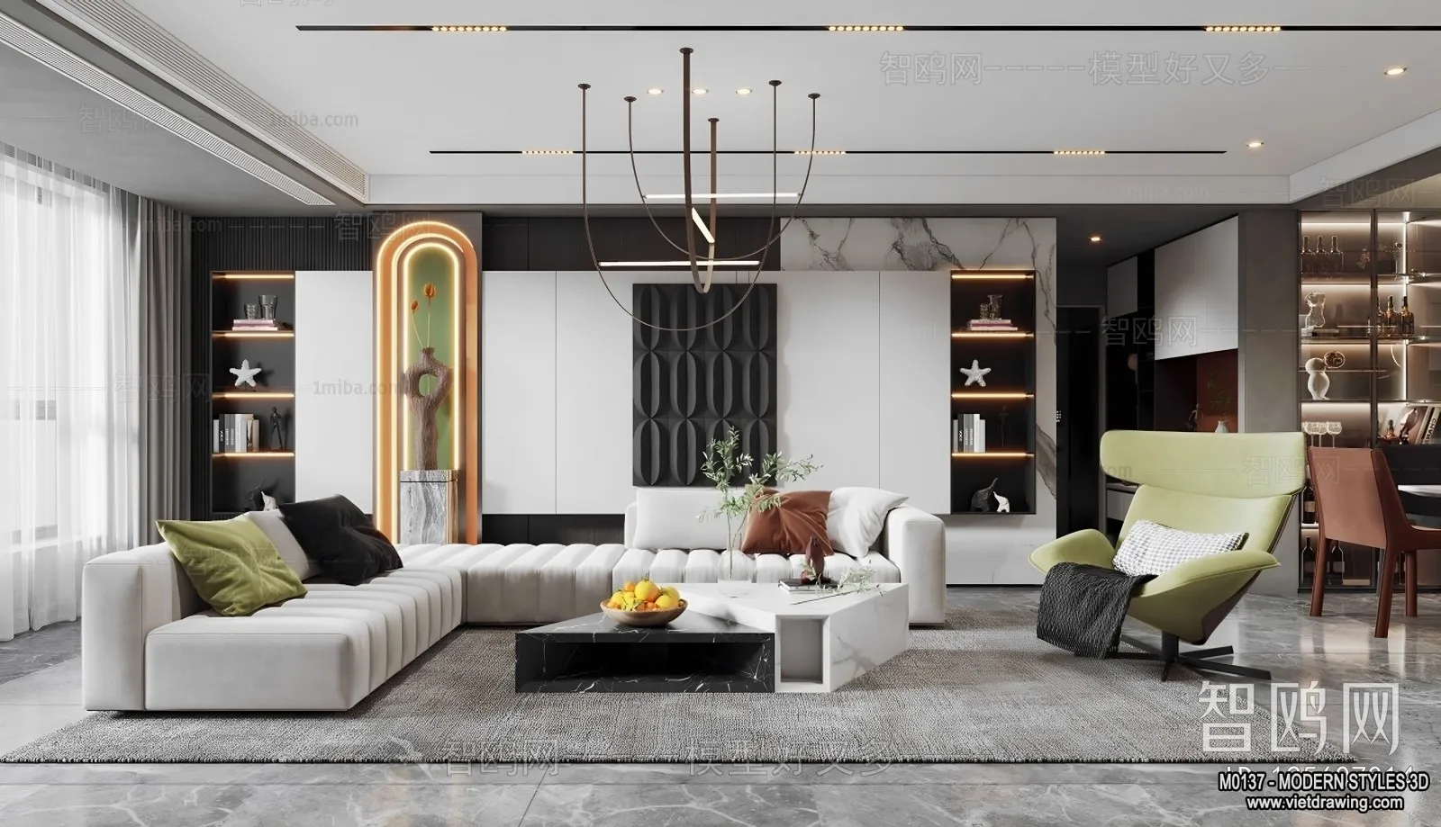 Living Room and Dining Room - 3D Interior Scene - 3D Models - 046