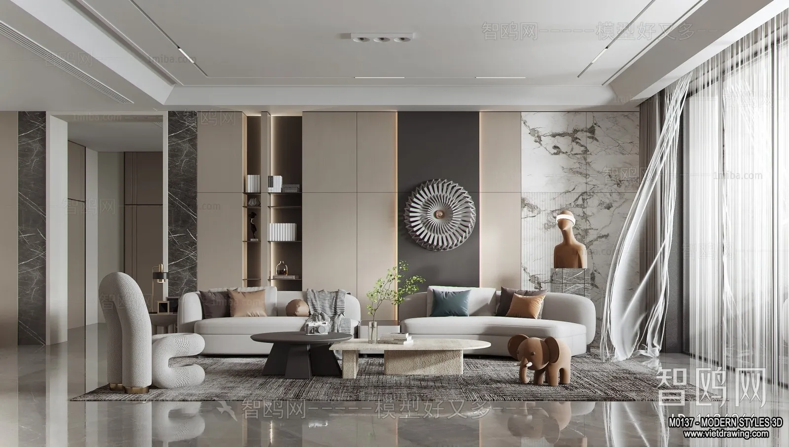 Living Room and Dining Room - 3D Interior Scene - 3D Models - 048