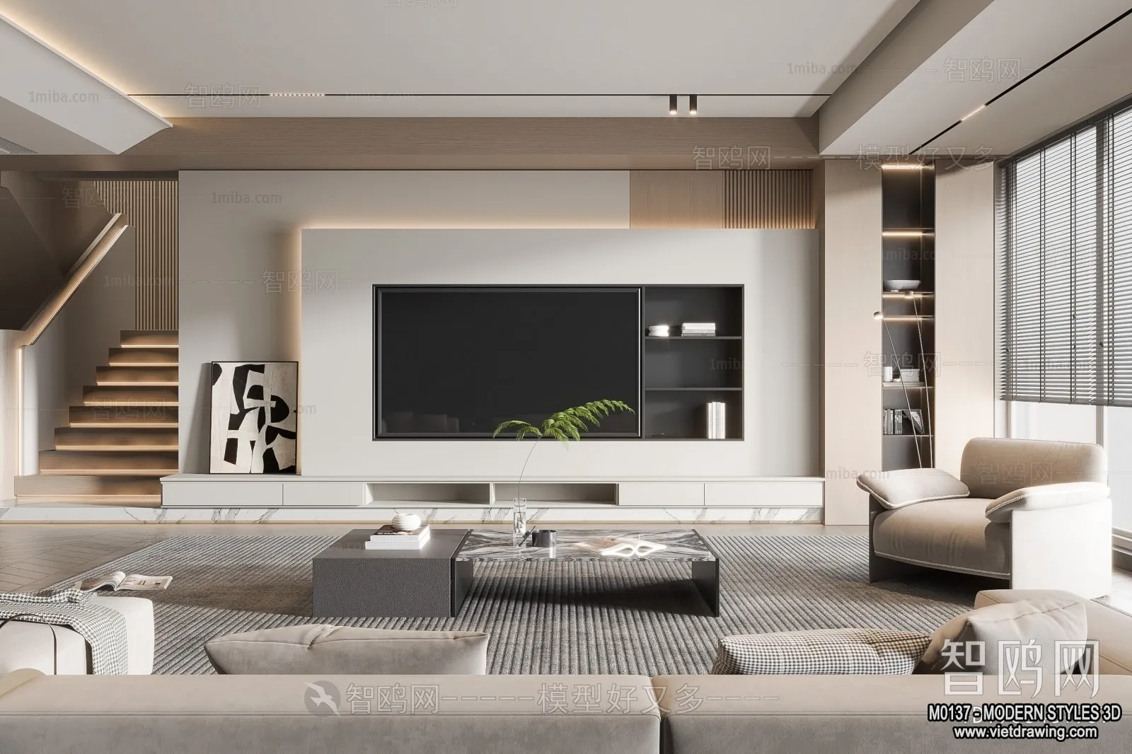 Living Room and Dining Room - 3D Interior Scene - 3D Models - 065