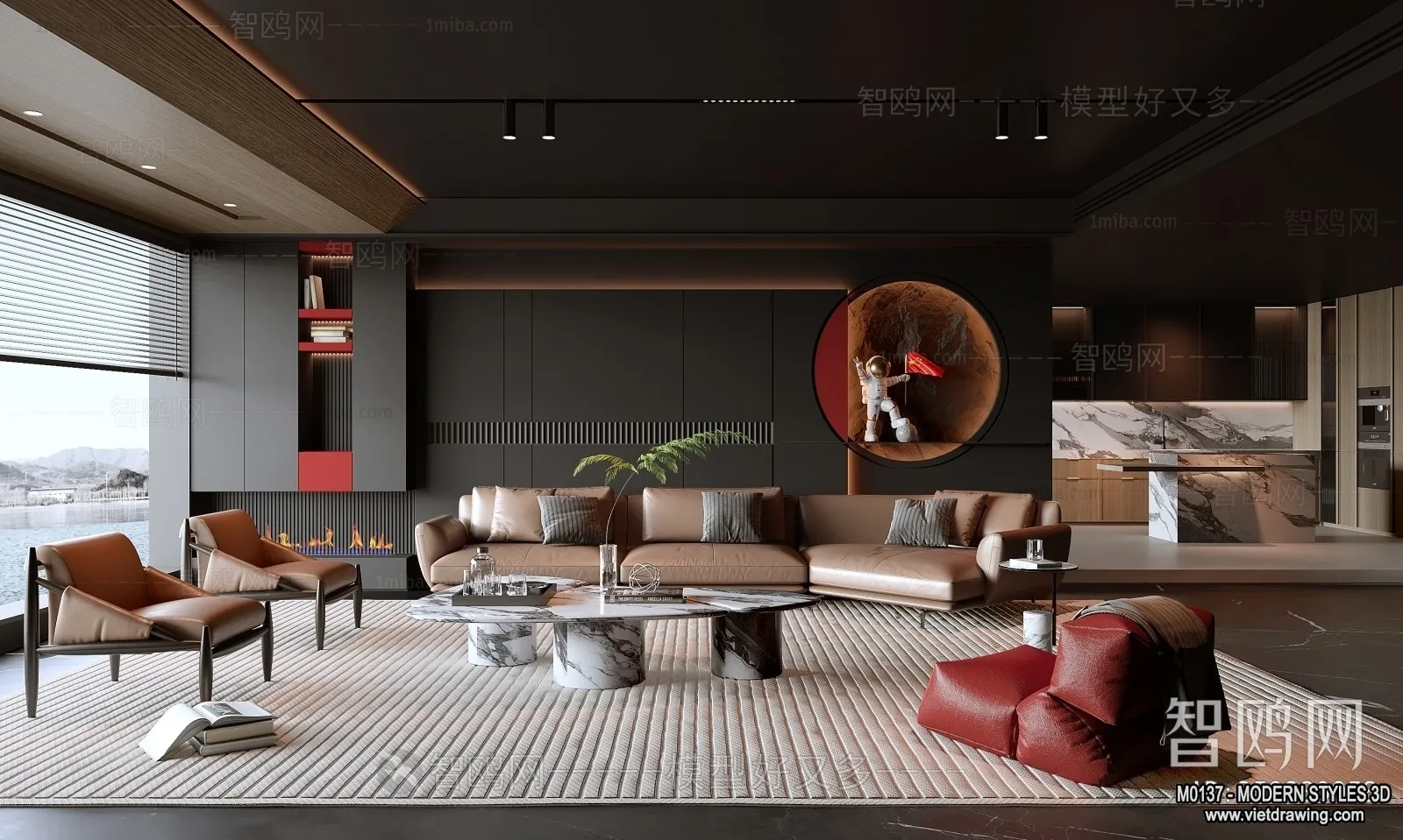 Living Room and Dining Room - 3D Interior Scene - 3D Models - 076