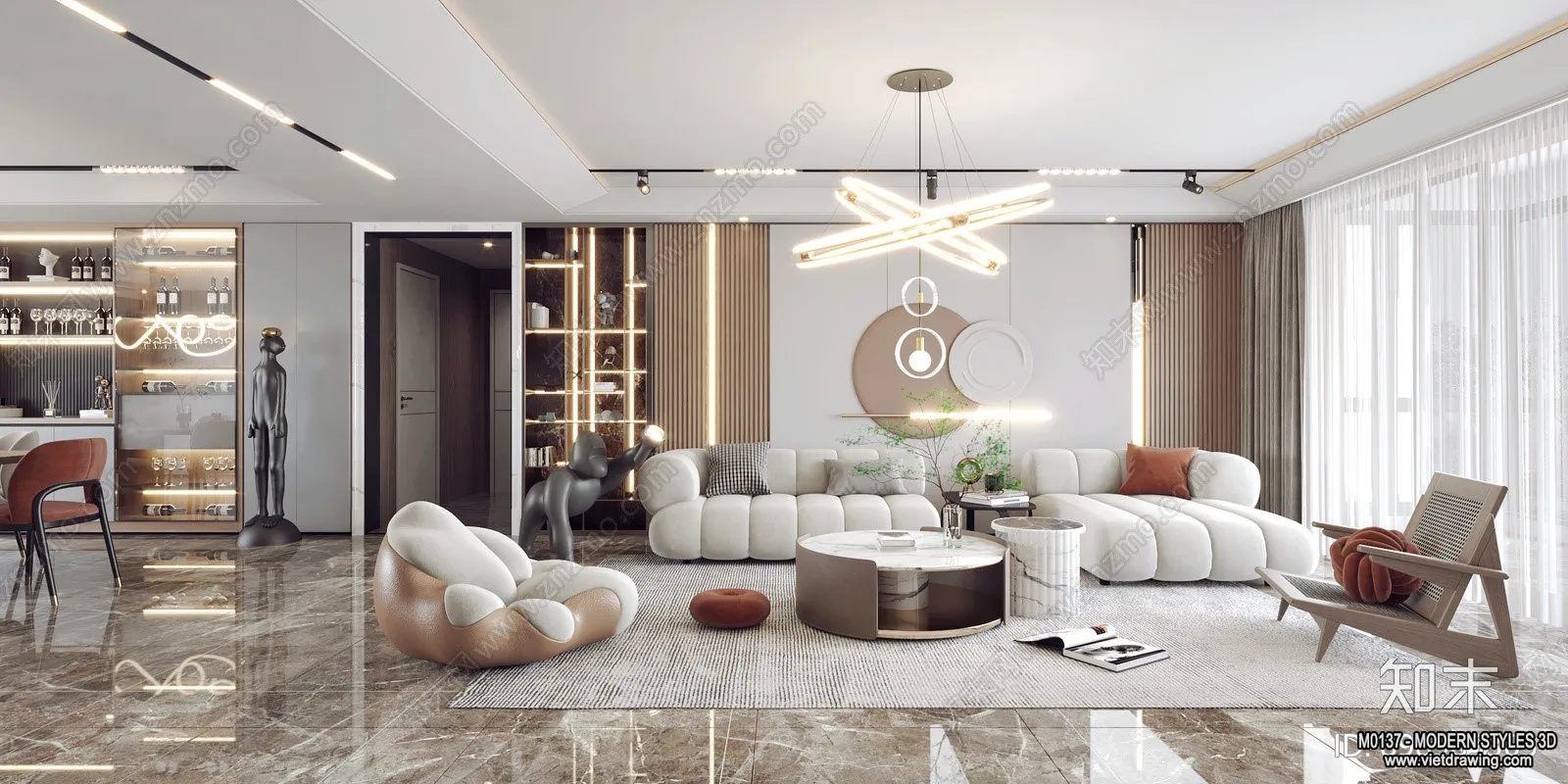 Living Room and Dining Room - 3D Interior Scene - 3D Models - 091