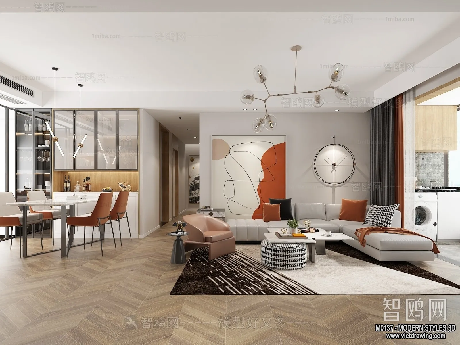 Living Room and Dining Room - 3D Interior Scene - 3D Models - 095