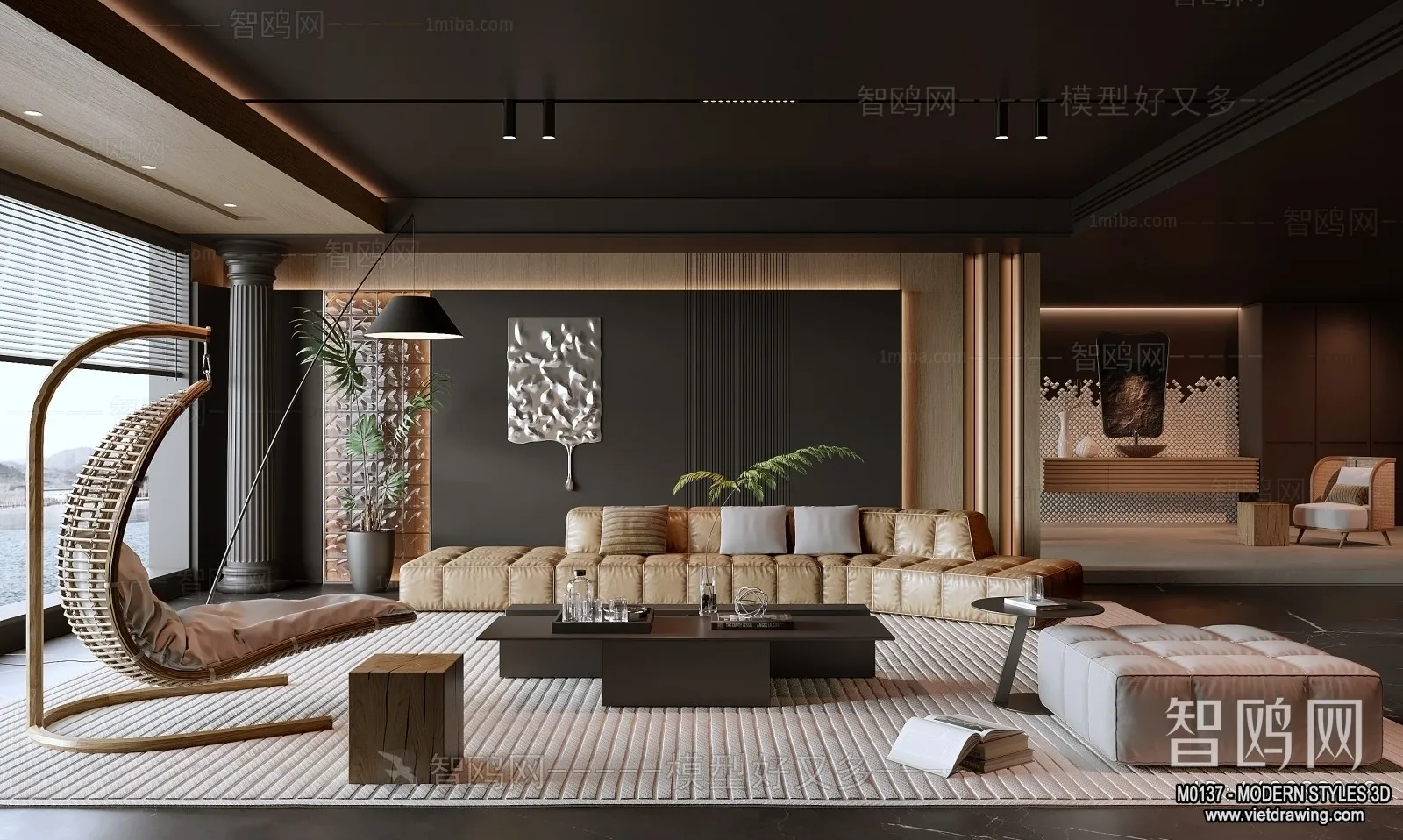 Living Room and Dining Room - 3D Interior Scene - 3D Models - 098