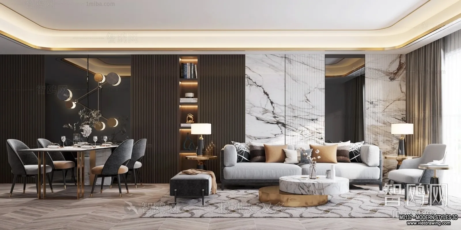 Living Room and Dining Room - 3D Interior Scene - 3D Models - 101