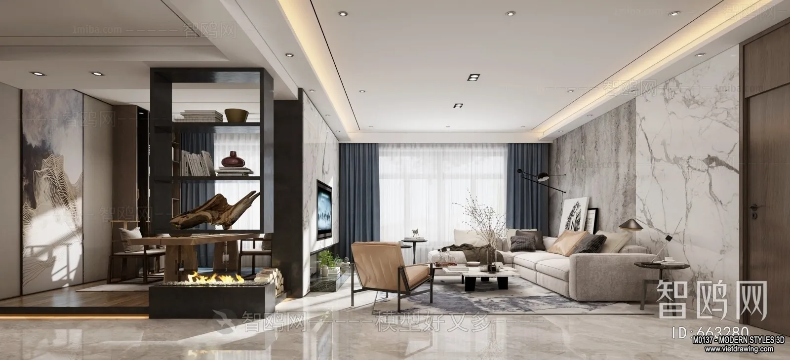 Living Room and Dining Room - 3D Interior Scene - 3D Models - 147