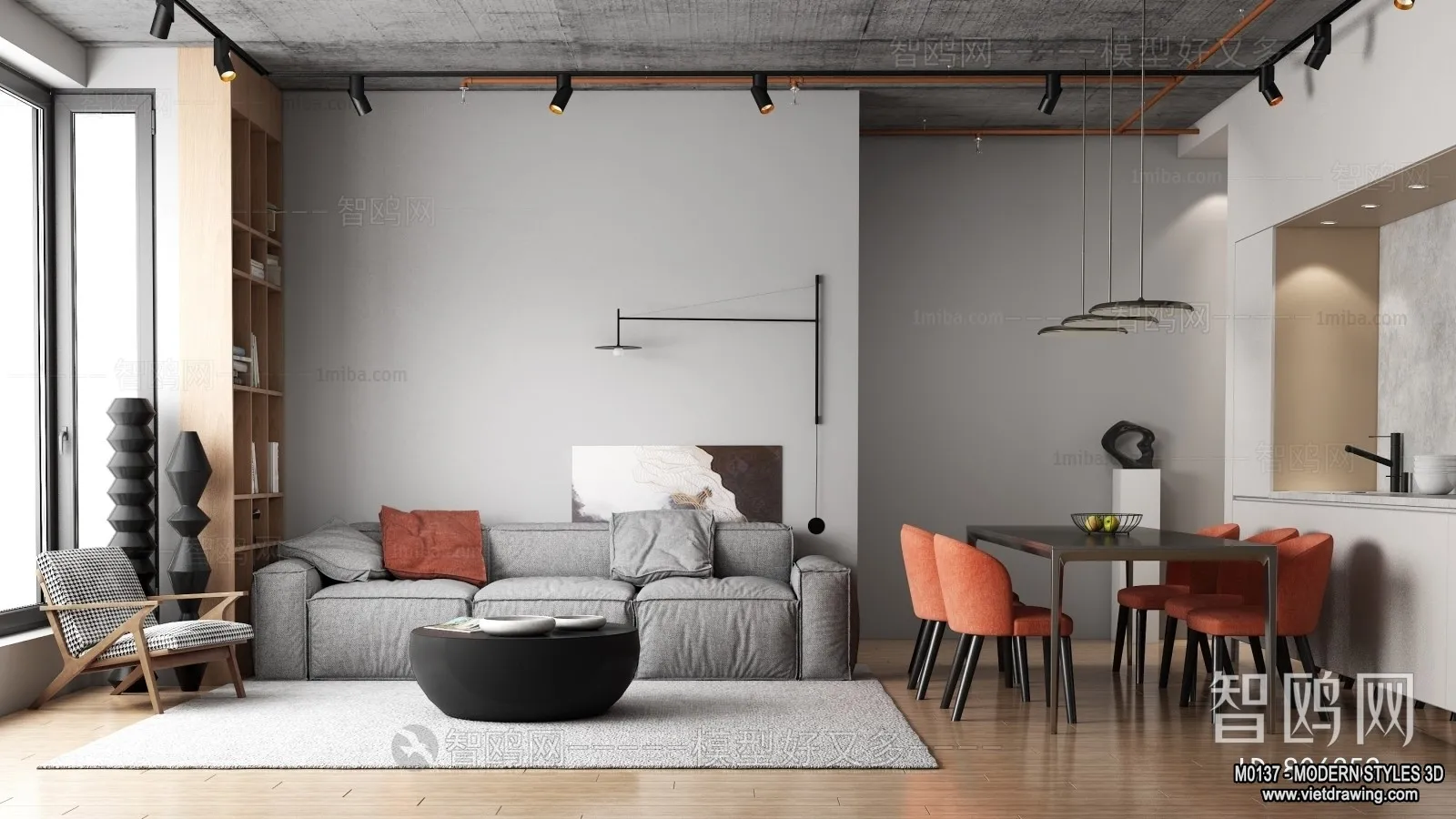 Living Room and Dining Room - 3D Interior Scene - 3D Models - 171