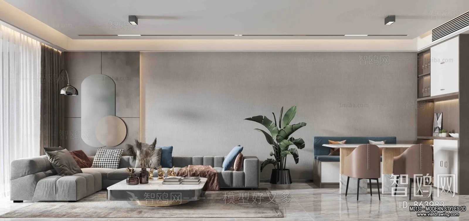 Living Room and Dining Room - 3D Interior Scene - 3D Models - 172