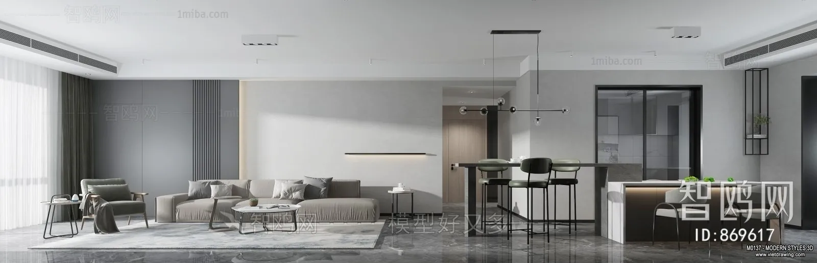 Living Room and Dining Room - 3D Interior Scene - 3D Models - 185