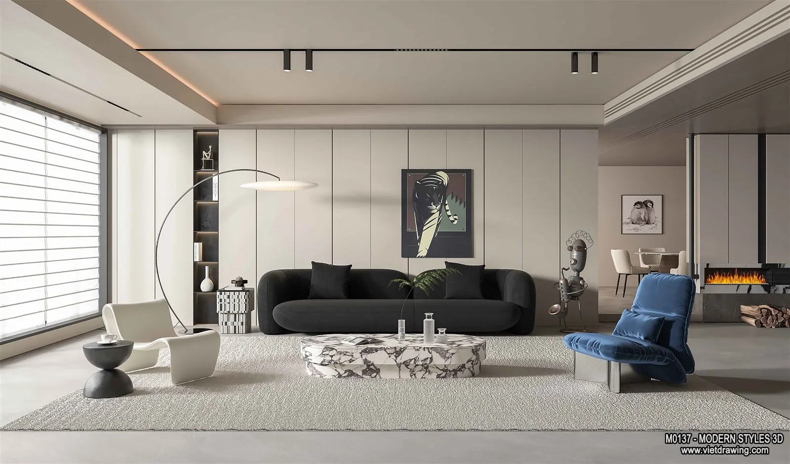 Living Room and Dining Room - 3D Interior Scene - 3D Models - 221