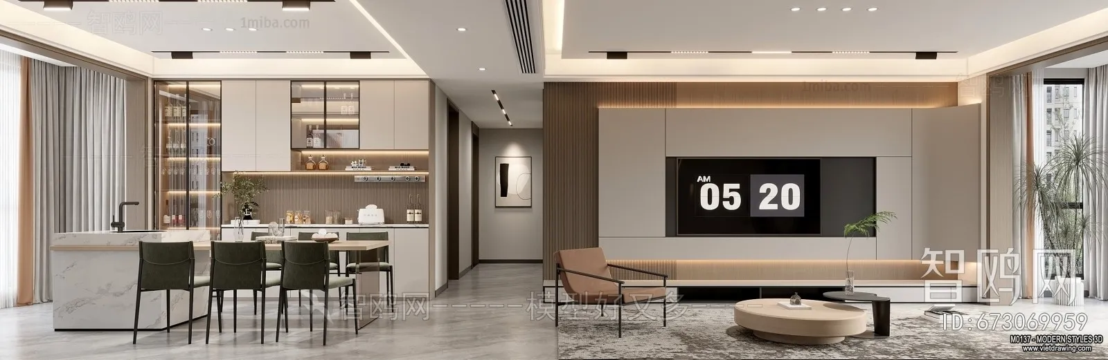 Living Room and Dining Room - 3D Interior Scene - 3D Models - 234