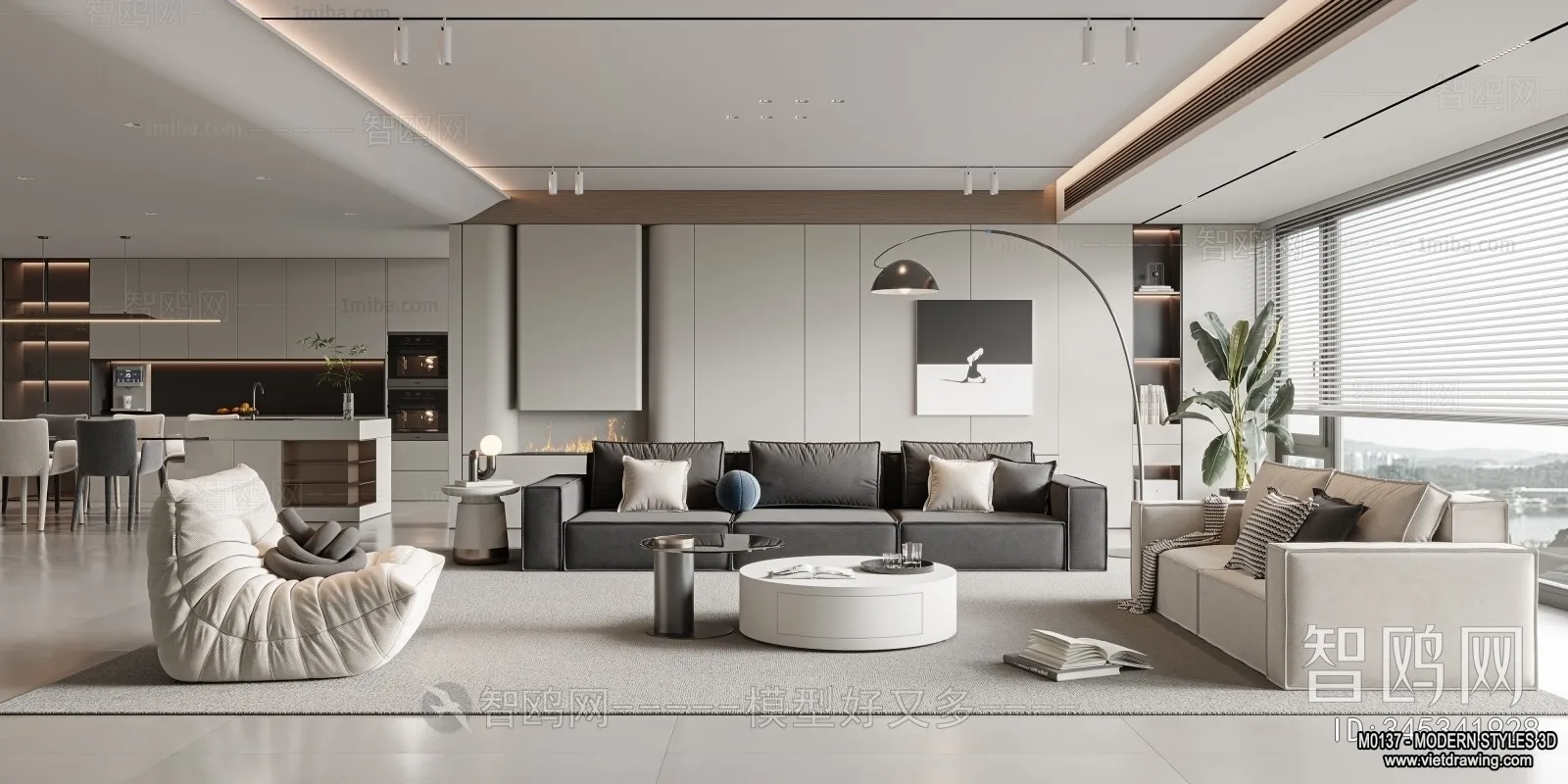 Living Room and Dining Room - 3D Interior Scene - 3D Models - 240