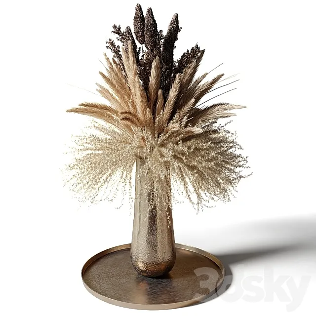 Lush bouquet of dried flowers in a metal vase 3D Model