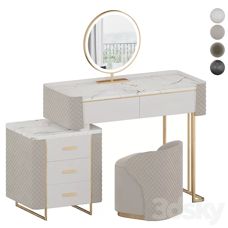 Luxury Makeup Vanity Set with LED Lighted Mirror Side Cabinet and 5 Drawers Modern Sintered Stone Dressing Table with Stool for Bedroom 3D Model Free