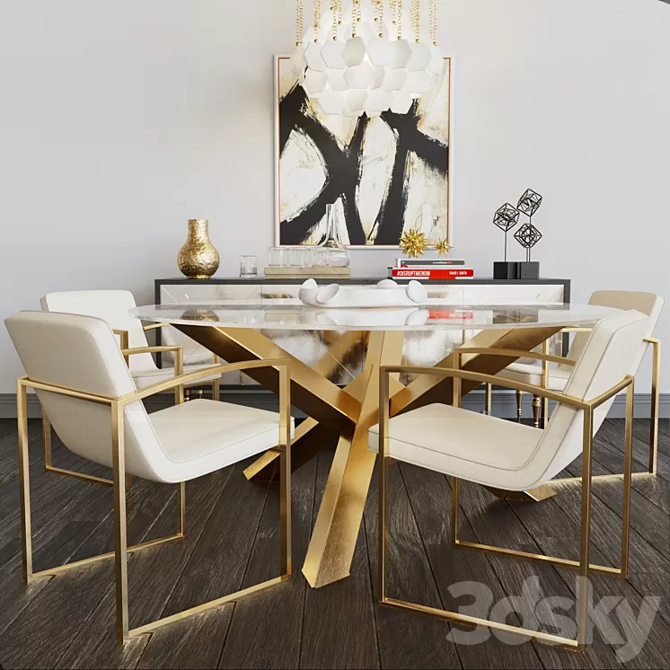 Luxury set of furniture. Collection of table and chairs with elements of gold and glass 3D Model