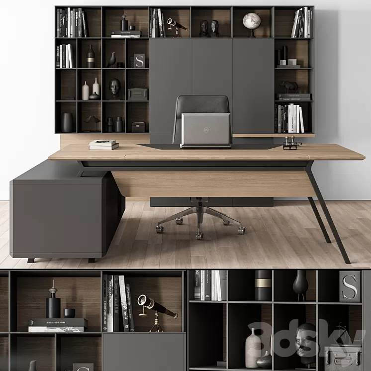 Manager Desk and Library Wood and Black - Office Furniture 266 3D Model Free