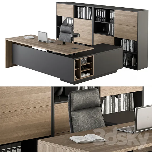 Manager Desk and Library Wood and Black - Office Furniture 273 3D Model