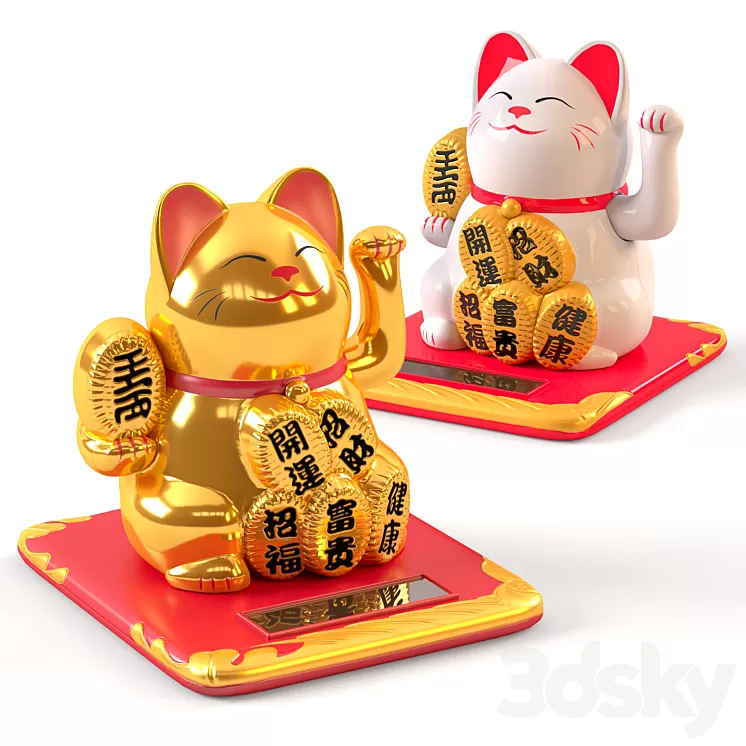 Maneki Neko Cat White and Gold 3D Model