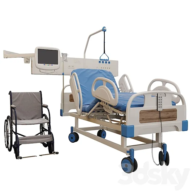 Medical bed and Wheelchair 3D Model