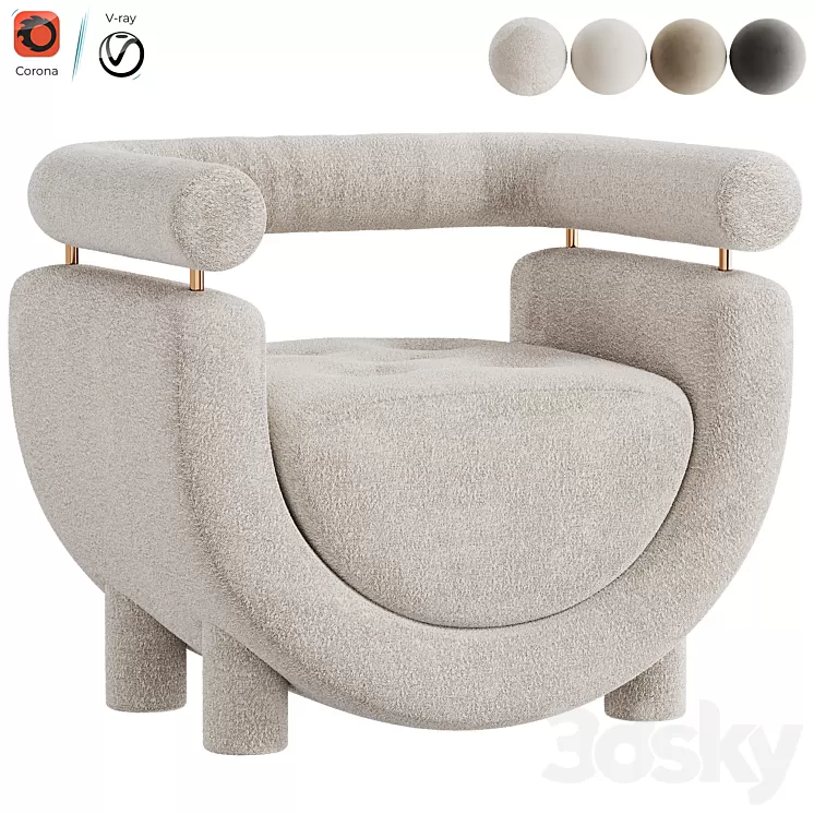 Mel Armchair Wood Brass Beige Jacquard Velvet Pearl Cotton Linen Boucle Fabric 3D Model Free