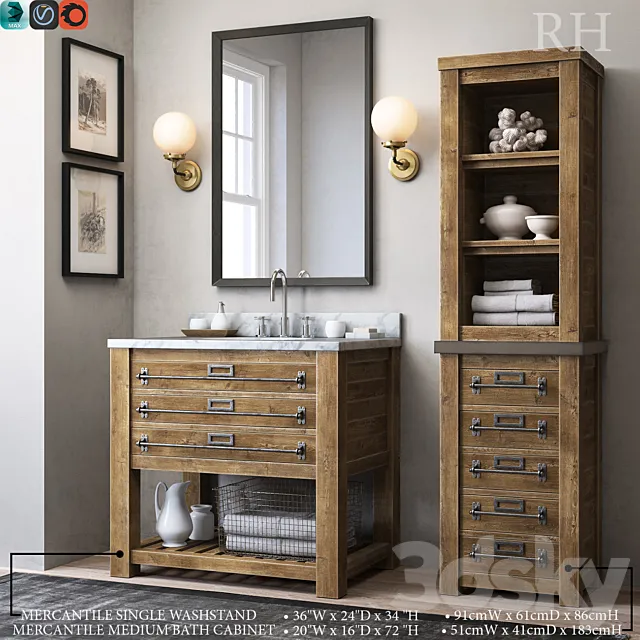 MERCANTILE SINGLE WASHSTAND and MERCANTILE MEDIUM BATH CABINET 3DModel