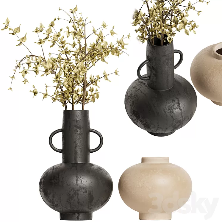 Merriman Black Vase & Terracotta vase set with Dried Plants 3D Model