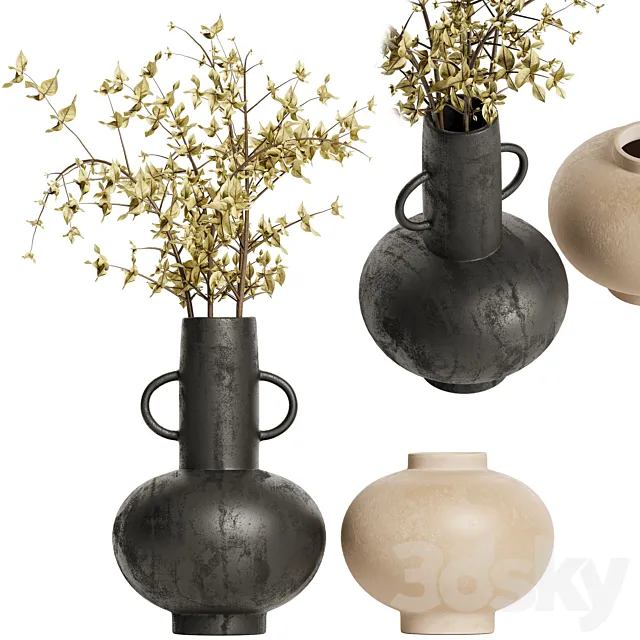 Merriman Black Vase & Terracotta vase set with Dried Plants 3DModel