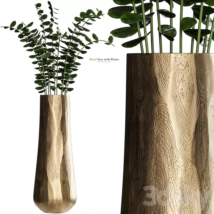 Metal Antiqued Brass Vase with Plant 3D Model Free