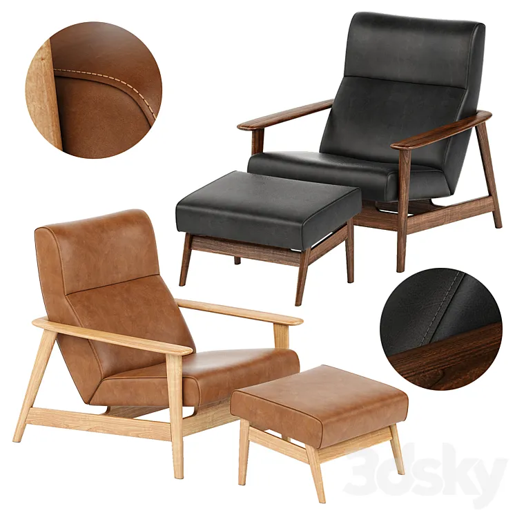 Mid-Century Show Wood Leather Chair and Ottoman 3D Model Free