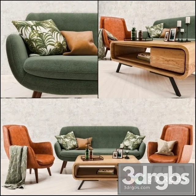 Mid Century Sofa and Chair Set 3D Model Free