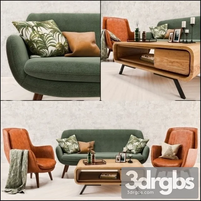 Mid Century Sofa And Chair Set 3D Model Free