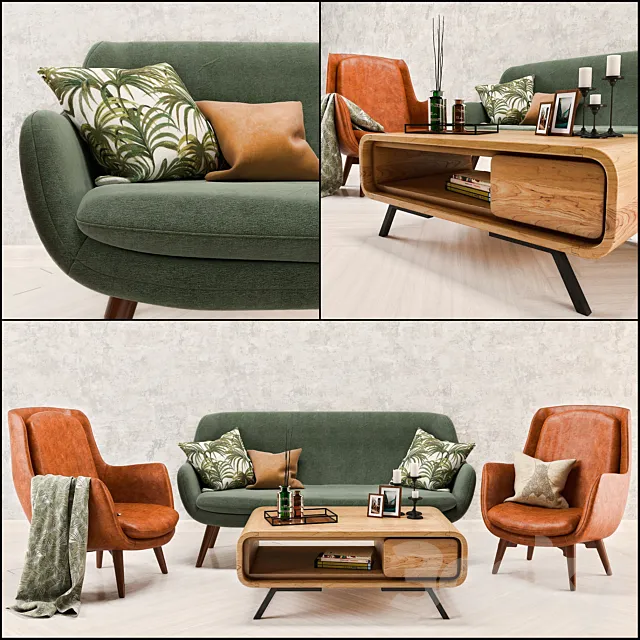 Mid Century Sofa and Chair set 3DModel