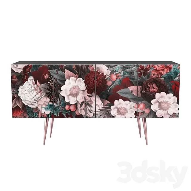 Midcentury Floral Black wood Rose Gold Sideboard Credenza 3DModel