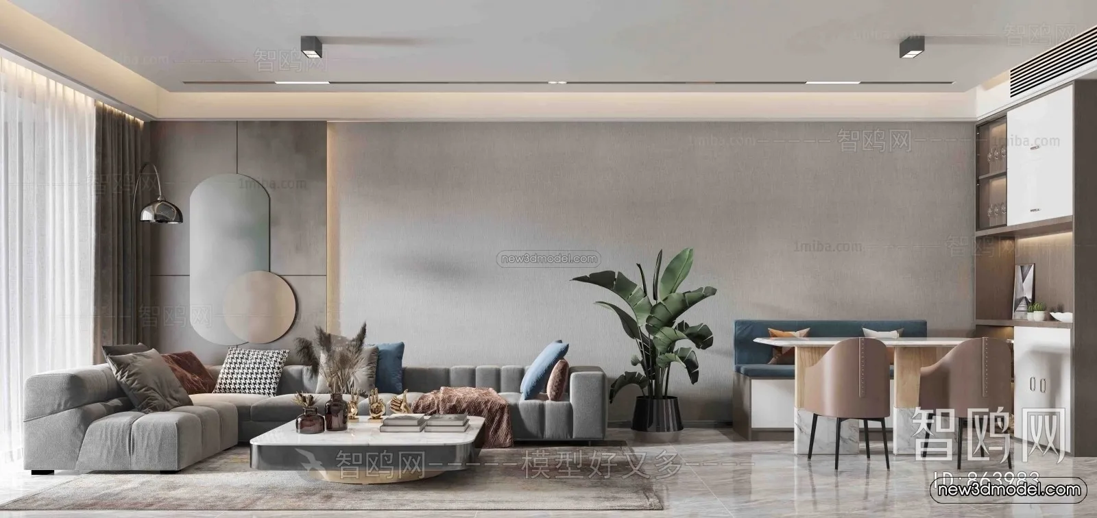 Minimalist Style Interior 3D Blocks - Living Room 3D Model - 034