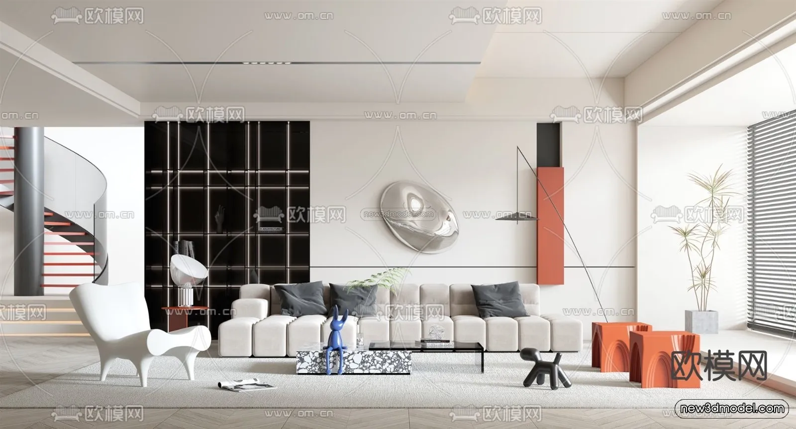 Minimalist Style Interior 3D Blocks - Living Room 3D Model - 056