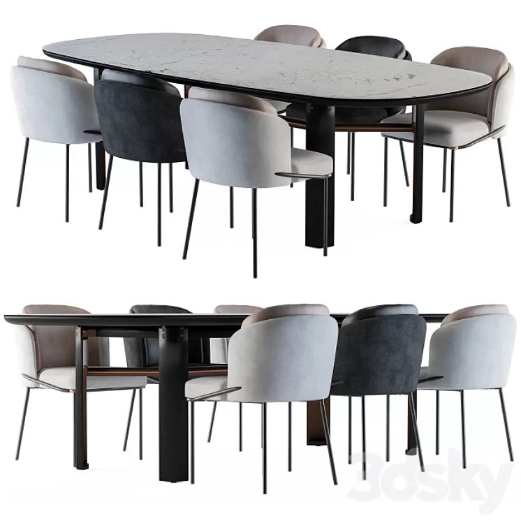 Minotti Dinning - Lou Table and Chair Black and White 3D Model