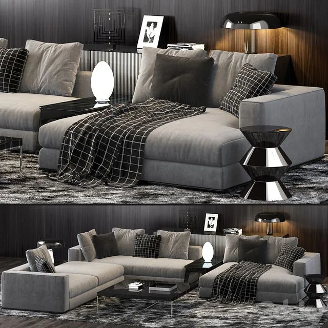 Minotti Hamilton Sofa with tables and decor 3D Model