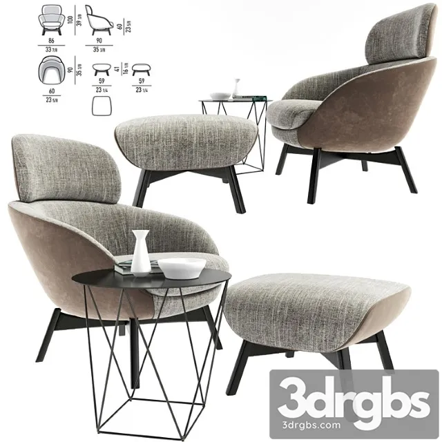 Minotti Russell Arm Chair With Coffee Table Set 3D Model Free