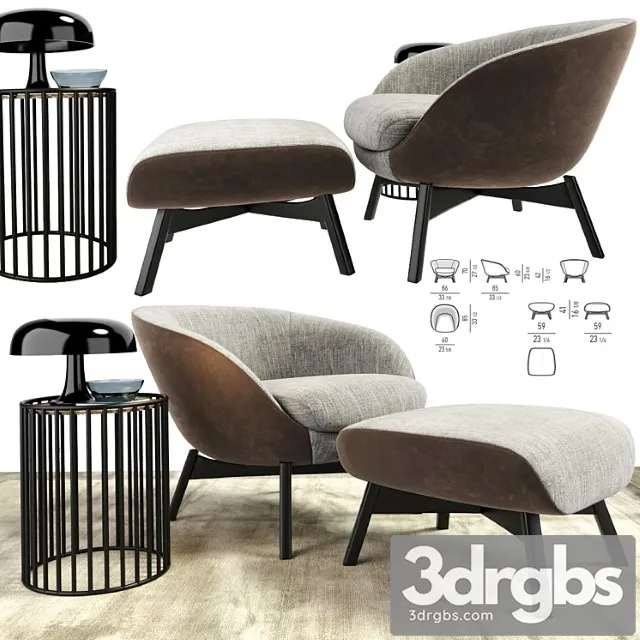 Minotti russell arm chair with ottoman and table 3D Model Free