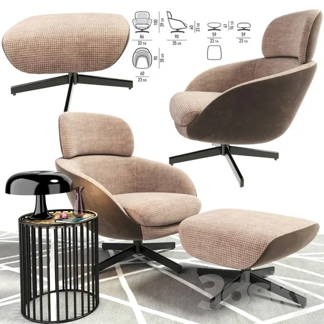 Minotti Russell Head Arm Chair With Coffee Table 3D Model