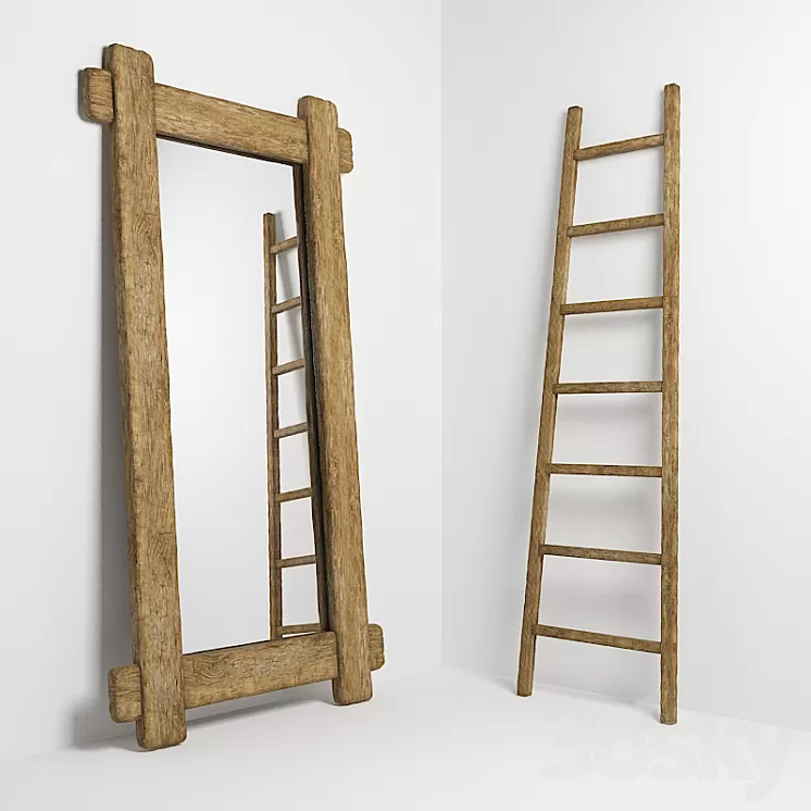 Mirror and stepladder in the style of country. Mirror and ladder in rustic style 3D Model