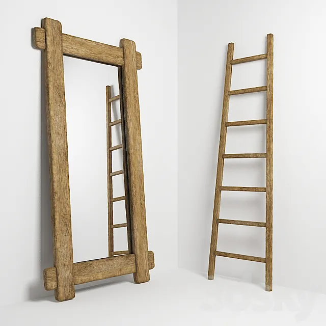 Mirror and stepladder in the style of country. Mirror and ladder in rustic style 3DModel