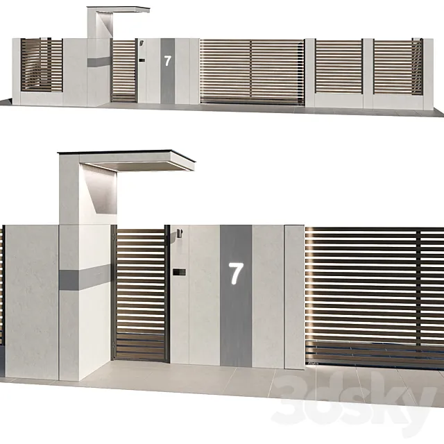 Modern aluminum and concrete fence 02 3D Model